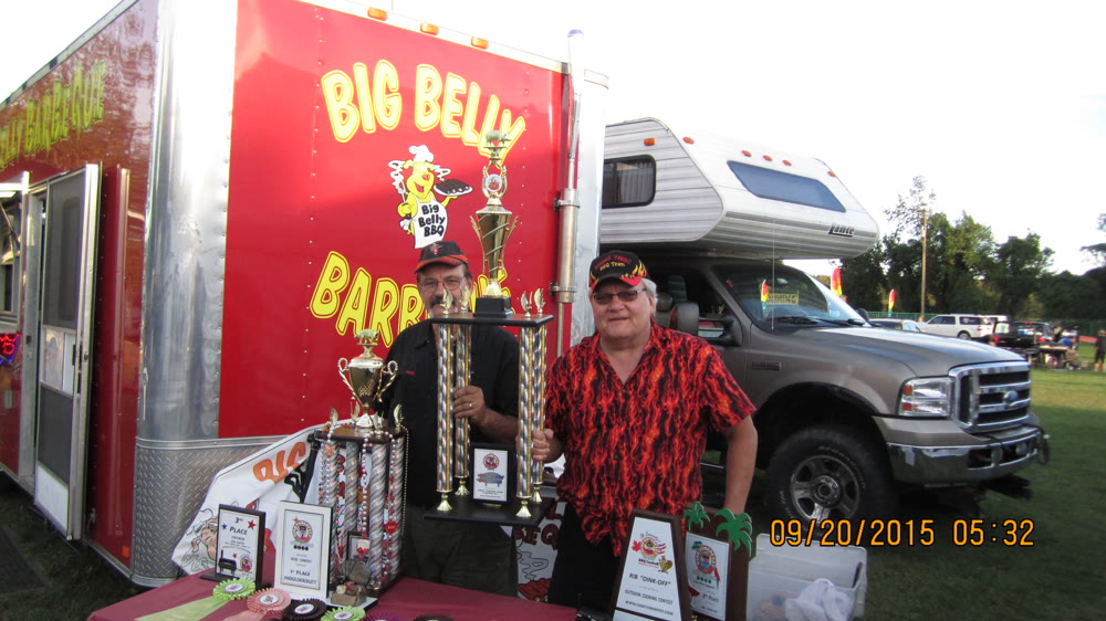 Big Belly BBQ specializing in brisket, ribs, steaks, prime rib, chicken, whole hawg, butts, shoulder hams, and homemade sides